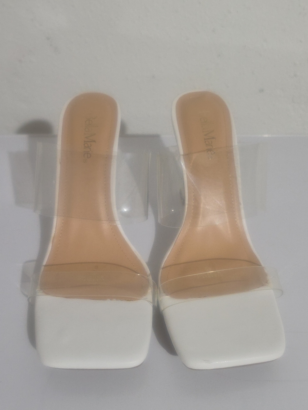 BELLA MARIE Clear Strap White Slide Heels